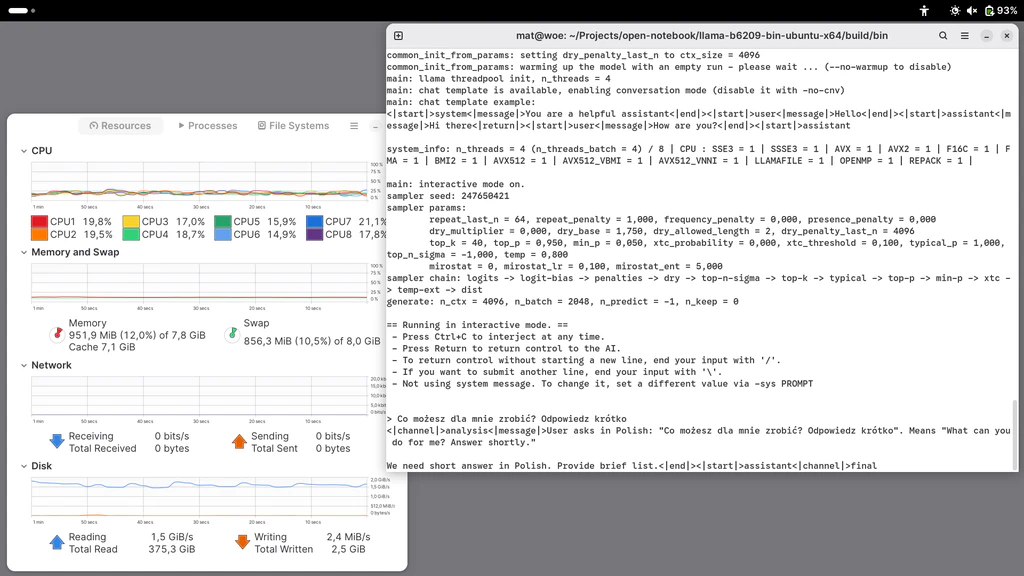gpt-oss, 120B, llama.cpp, CPU backend on Linux, 8 GB RAM