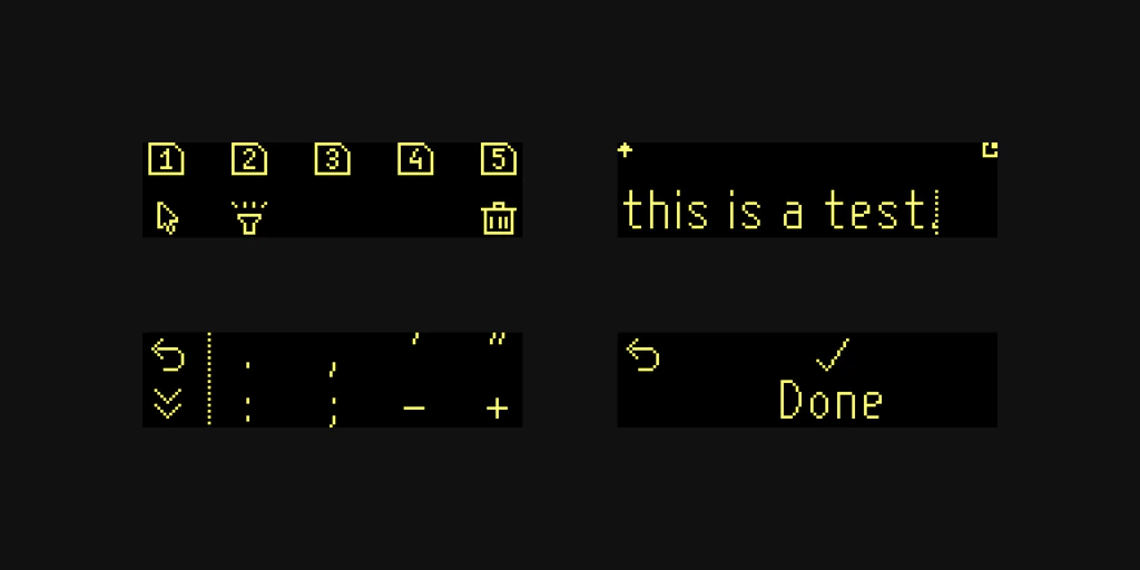 UI screenshots: main menu, notes app, character picker, confirmation screen